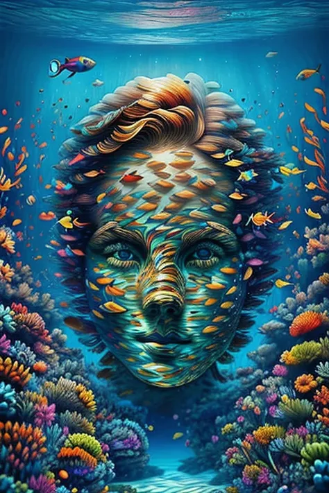 An aquarium with countless fish, A white-faced woman's face floats in the depths of it, Blonde hair, Long hair, Colorful fish, (...