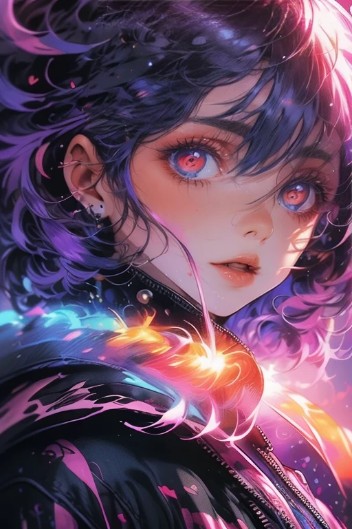 1girl,solo,cool,crazy love,heart eye,neon,purple hair,cool color colorful,paint,face focus,perfect face,brilliant eye,suspicious,mysterious,purple aura,purple color background,dark atmosphere,darkness