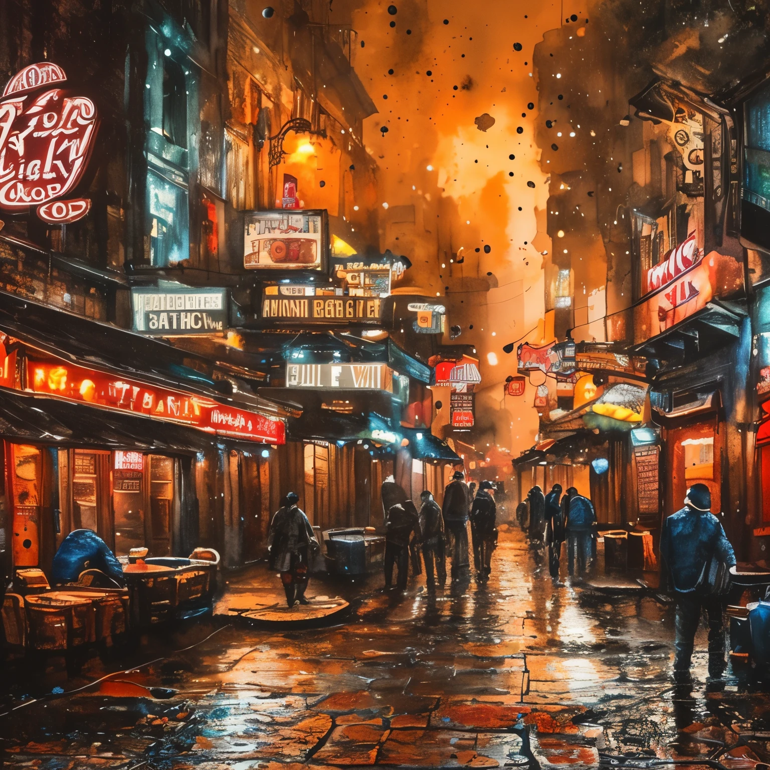 a detailed watercolor painting of a back alley bar district, realistic, photorealistic, intricate details, vibrant colors, warm lighting, atmospheric, moody, gritty, neon signs, old buildings, narrow streets, people drinking and socializing, steam from vents, wet pavement, lively nightlife, best quality, 8k, high resolution, masterpiece