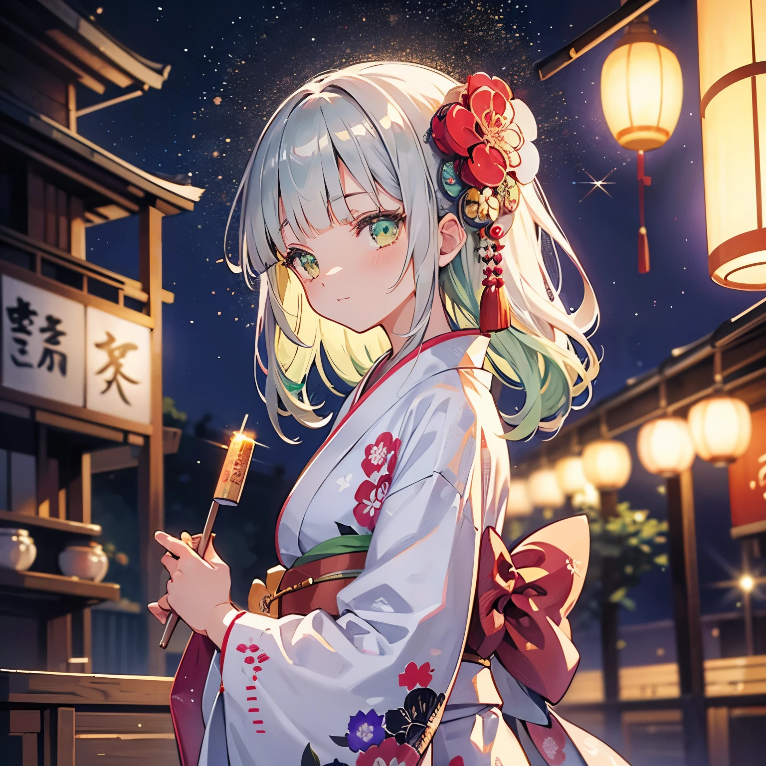 ♥(Hermoso kimono japonés con estampado de flores.,yukata),((1 chica,lindo,joven,hermoso cabello verde plateado semi largo,flequillo contundente,twin tales,hermosos ojos verdes)),(solo),((obra maestra, resolución más alta,mejor calidad)), (hermosa ilustración),(Hermoso kimono japonés con estampado de flores.,yukata),
 (mirando al espectador), Sonrisa inocente,iluminación cinematográfica,festival japonés,parar,fuegos artificiales,cielo nocturno,Luna llena,estrella fugaz,
