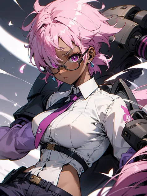 1 woman, adult, ((dark skinned woman, hair over the one eye)), pink hair, messy hair, purple eye, glasses, (white shirt, short p...