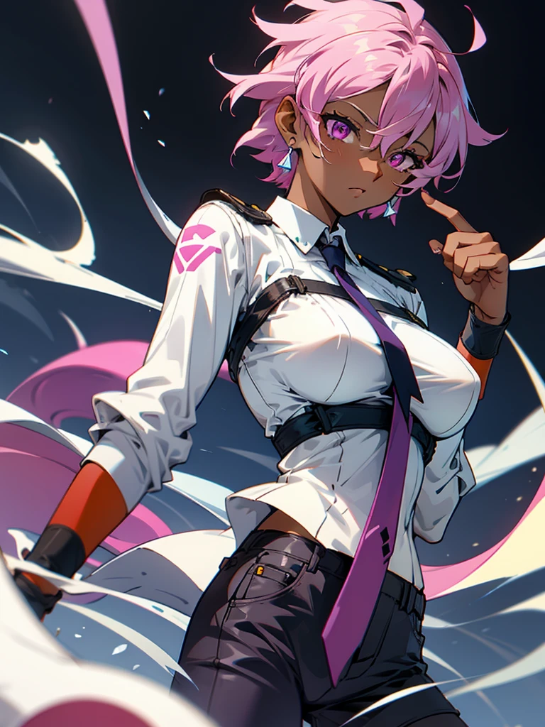 1 woman, adult, ((dark skinned woman, hair over the one eye)), pink hair, messy hair, purple eye, glasses, (white shirt, short pants), black tie, underboob, earrings, dynamic pose, masterpiece,