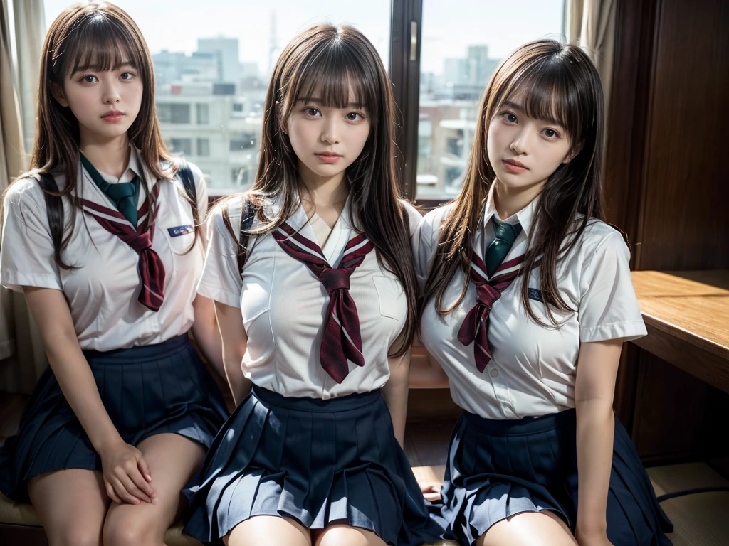 (RAW photo, 4k, masterpiece, high resolution, extremely complex) (realistic: 1.4), cinematic lighting
 ((2 girls, 2 schoolgirls)),Slam Dunk's,blushing,((innocent)),bright eyes,round eyes,blunt bangs,(straight hair:1.3),black hair,large breasts,wide hips,Summer Noon, ,Hot, (Best Quality), (Highres), (an Extremely Delicate and Beautiful),(Beautiful 8k face),(Brown eyes),short bob hair,( spectators),(gigantic breasts),(Play with each other,Touching each other's bodies,Touching the body),(Japanese high school uniform:1.3),blue skirt,(reality),bright lighting,(The background is a luxury hotel room)