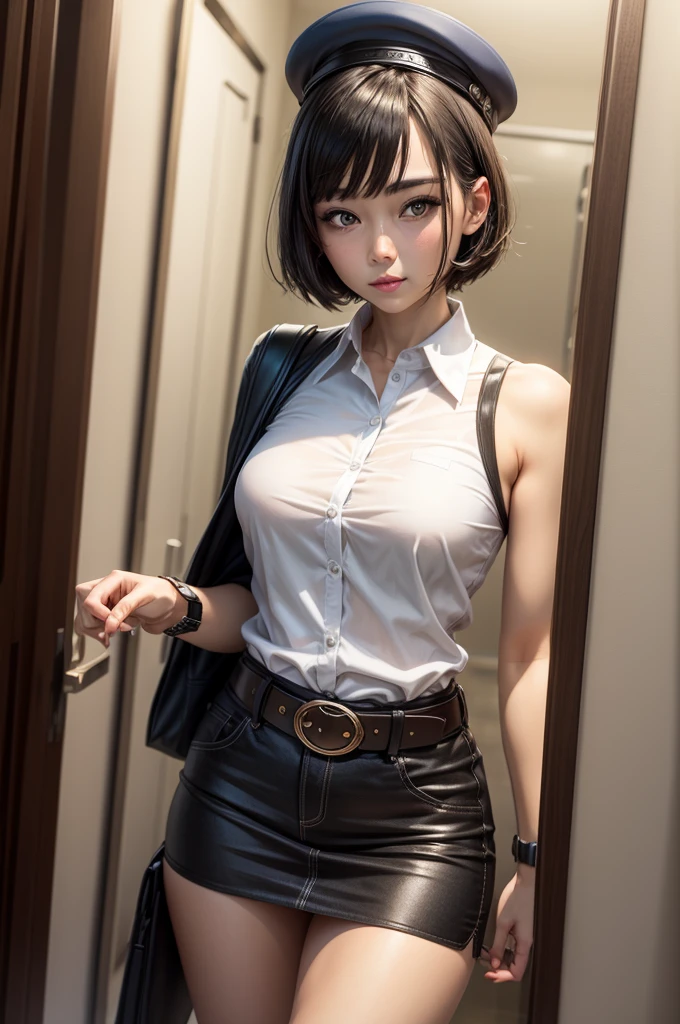 1 girl, ((alone:1.5)),Black Short Hair,Police uniform,belt,((watch:1.2)), White sleeveless collared shirt,Blue Super Mini Skirt:1.8,Police hat, Blushing:1.2, Perfect light, 8k, masterpiece:1.2, Very detailed, Realistic:1.37, Full HD, Police station hallway,indoor,(Front shot:1.3),(Are standing),((Attractive face:1.2))