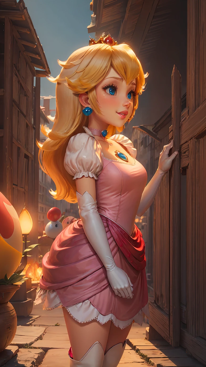 highres, masterpiece, perfect ligthing, bloom, cinematic lighting, adult, perfect skin, female, from side, cowboy shot, smile, narrow waist, skinny,  (PrincessPeach), (Princess Peach), (Pink Dress), detailled eyes, blue eyes, choker, sensual, mushrooms,mushroom kingdom, pink lips, ((glossy lips)), pursed lips, pink pumps, glossy skin, oily skin, beautiful light, (day:1.3), bright,