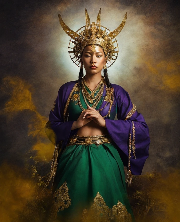 arafed image of a woman in a green dress with a gold helmet on, portrait of a digital shaman, dressed as an oracle, sci-fi tibetan fashion, avatar the last airbender, avatar kyoshi