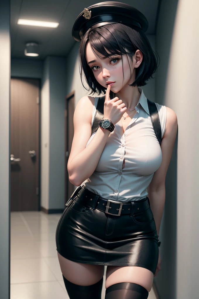 1 girl, ((alone:1.5)),Black Short Hair,Police uniform,belt,((watch:1.2)), White sleeveless collared shirt,Blue Super Mini Skirt:1.8,Police hat, Blushing:1.2, Perfect light, 8k, masterpiece:1.2, Very detailed, Realistic:1.37, Full HD, Police station hallway,indoor,(Front shot:1.3),(Are standing),((Being drunk:1.2))