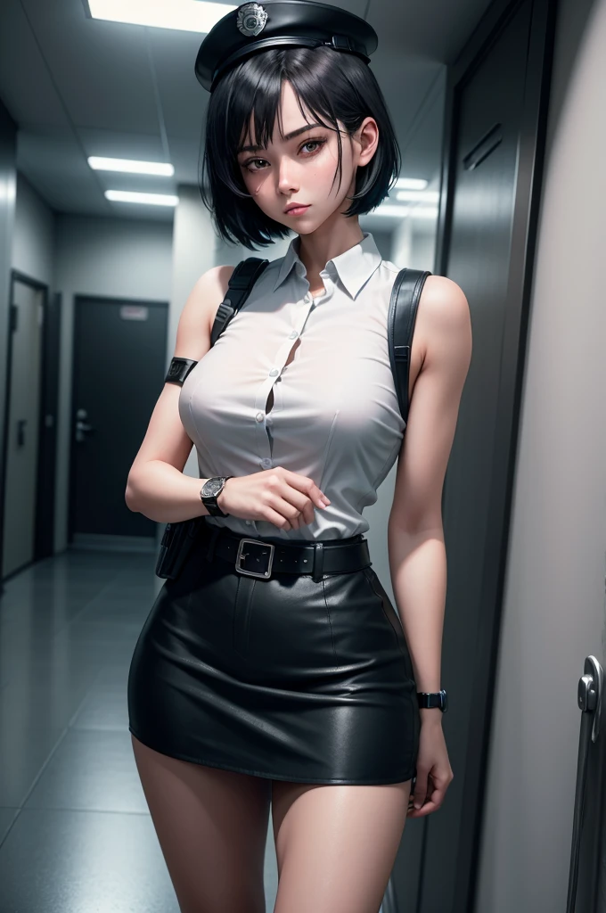 1 girl, ((alone:1.5)),Black Short Hair,Police uniform,belt,((watch:1.2)), White sleeveless collared shirt,Blue Super Mini Skirt:1.8,Police hat, Blushing:1.2, Perfect light, 8k, masterpiece:1.2, Very detailed, Realistic:1.37, Full HD, Police station hallway,indoor,(Front shot:1.3),(Are standing),((Being drunk:1.2))