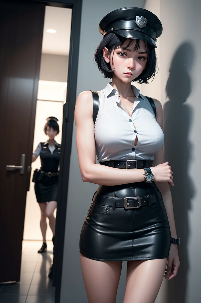 1 girl, ((alone:1.5)),Black Short Hair,Police uniform,belt,((watch:1.2)), White sleeveless collared shirt,Blue Super Mini Skirt:1.8,Police hat, Blushing:1.2, Perfect light, 8k, masterpiece:1.2, Very detailed, Realistic:1.37, Full HD, Police station hallway,indoor,(Front shot:1.3),(Are standing),((Being drunk:1.2))