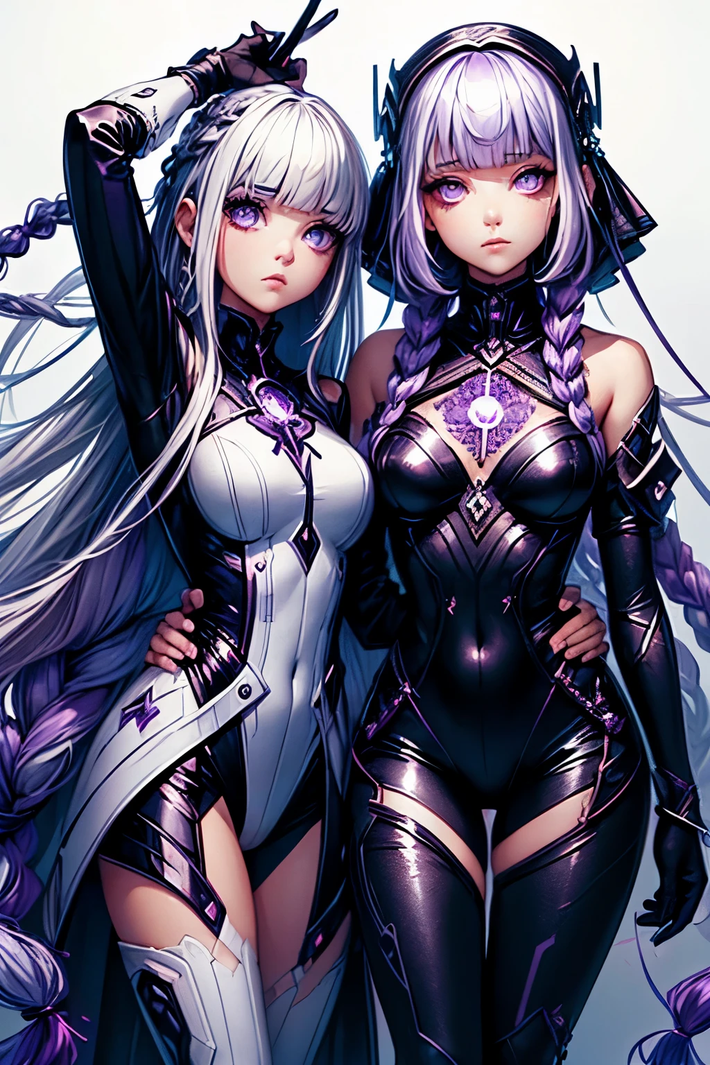(ultra-detailed face, sleepy eyes:1.2), (2girls:1.3), (A mysterious girl and her friend are break dancing and jumping in a daring pose with their backs to each other:1.4), BREAK (Cryptic Girl has (long purple-white gradient hair), Hair braided in two large sections. She is indifferent, kind and has lavender eyes:1.3), BREAK (Cryptic Girl's friend has white hair, blunt bangs, a bob cut and lavender eyes:1.1), BREAK (The girl is wearing a lace and ruffled cape dress and mini skirt), BREAK (In the background, in space, mysterious cryptograms and a glowing key can be seen)