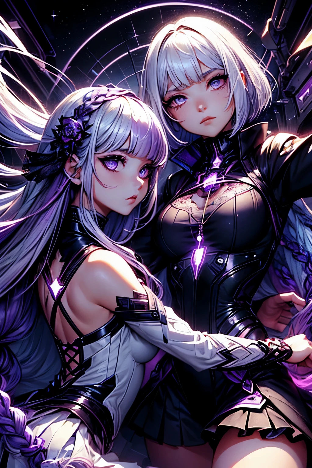(ultra-detailed face, sleepy eyes:1.2), (2girls:1.3), (A mysterious girl and her friend are break dancing and jumping in a daring pose with their backs to each other:1.4), BREAK (Cryptic Girl has (long purple-white gradient hair), Hair braided in two large sections. She is indifferent, kind and has lavender eyes:1.3), BREAK (Cryptic Girl's friend has white hair, blunt bangs, a bob cut and lavender eyes:1.1), BREAK (The girl is wearing a lace and ruffled cape dress and mini skirt), BREAK (In the background, in space, mysterious cryptograms and a glowing key can be seen)