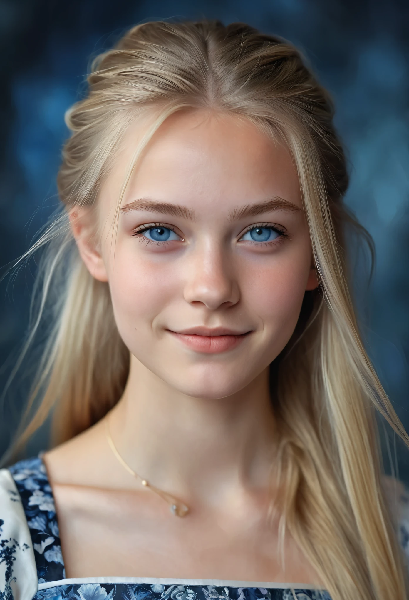挪威美丽少女的画像, 小乳房, 複雜的衣服, 溫柔的微笑, 自然的嘴唇, 两侧剃光的金色长发 , 藍灰色的眼睛, 現實主義, 數位繪畫, 概念藝術, 光滑的, 銳利的焦點, 三分法, 風格-Psycho