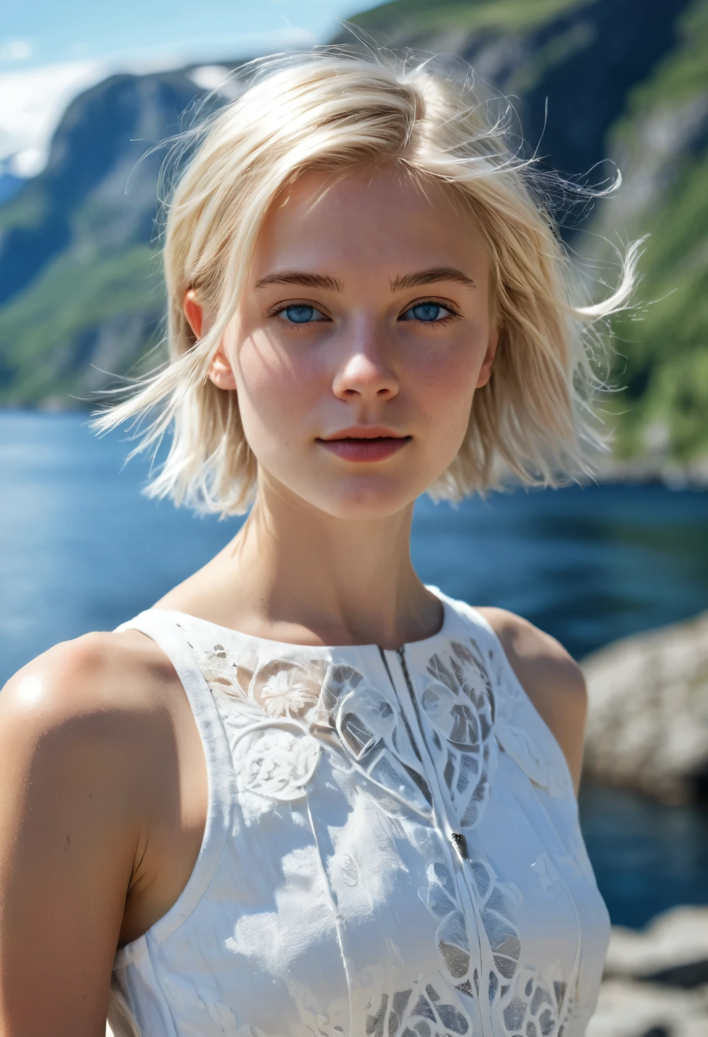 A beautiful Norwegian teenager, small breasts, runners slim body, thin face, intricate white summer dress, flirting, short blonde hair with side cut, blue-grey eyes, realism, digital painting, concept art, smooth, sharp focus, rule of thirds, Style-Psycho, Norwegian fjord in the background, natural light