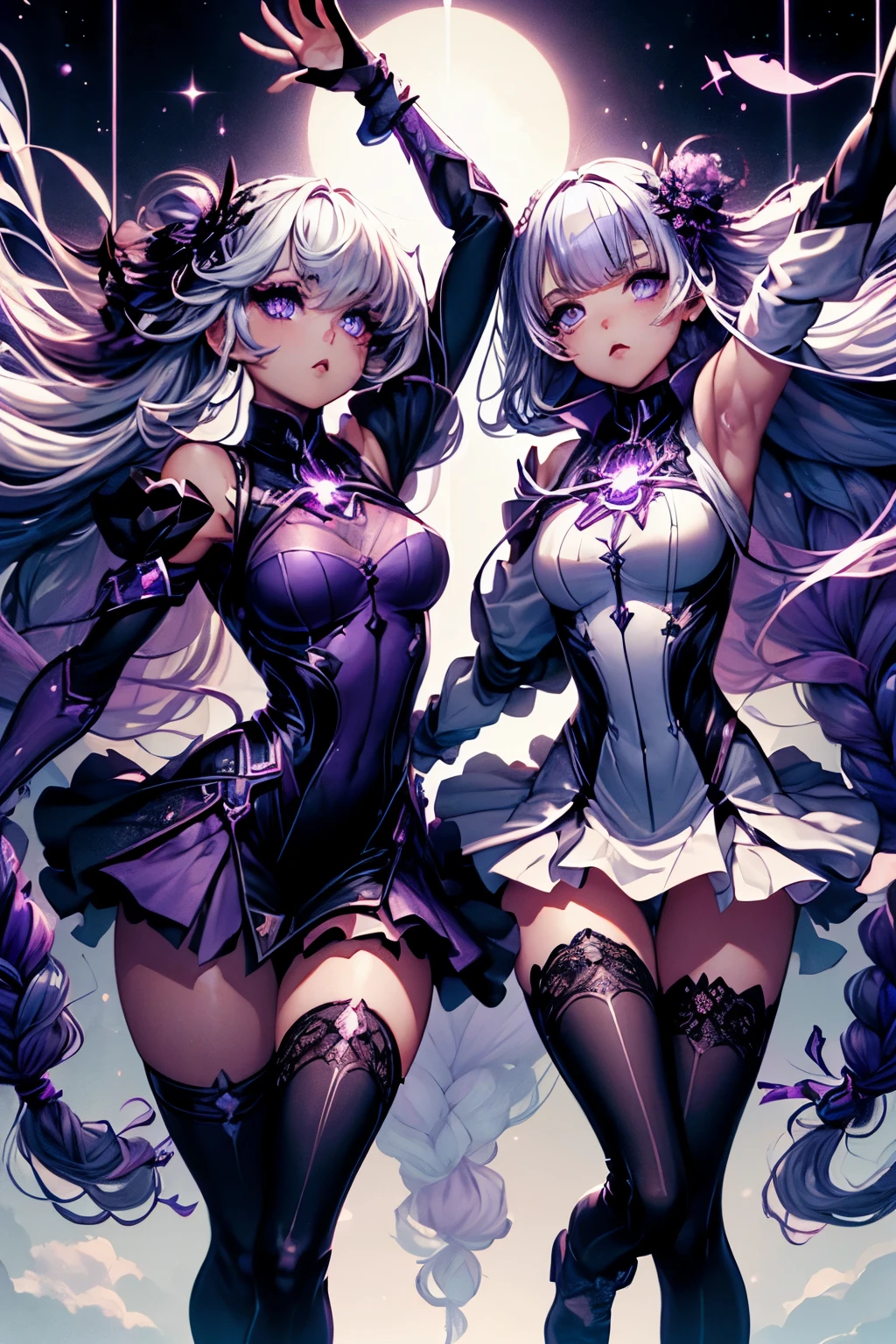 (ultra-detailed face, sleepy eyes:1.2), (2girls:1.3), (A mysterious girl and her friend are break dancing and jumping in a daring pose with their backs to each other:1.4), BREAK (Cryptic Girl has (long purple-white gradient hair), Hair braided in two large sections. She is indifferent, kind and has lavender eyes:1.3), BREAK (Cryptic Girl's friend has white hair, blunt bangs, a bob cut and lavender eyes:1.1), BREAK (The girl is wearing a futuristic outfit with lace and frills and a mini-skirt), BREAK (In the background, in space, mysterious cryptograms and a glowing key can be seen)