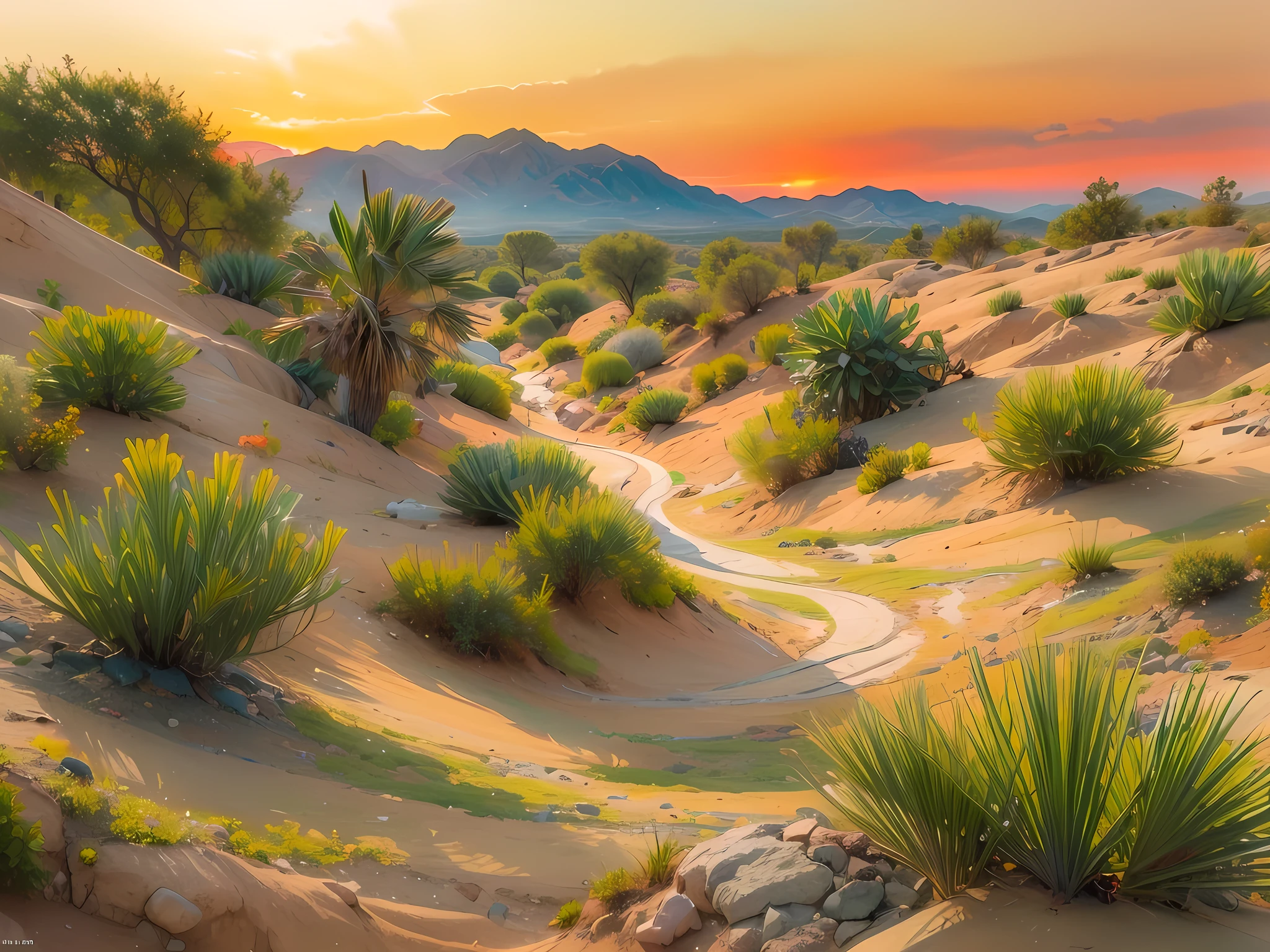 (water color art: 1.5), an award wining, water color art, of an oasis (masterpiece, best detailed, best quality: 1.4) in the desert at sunset, there are some palm trees, and a small spring of water  (masterpiece, best detailed, best quality: 1.4), it is the time between night and day, there are some stars in the sky, and the sun is about to rise, the sky are in shades of, night, yellow and purple, first sun rays of dawn, rolling desert hills in the background, dynamic range, ultra wide shot, photorealism, depth of field, hyper realistic