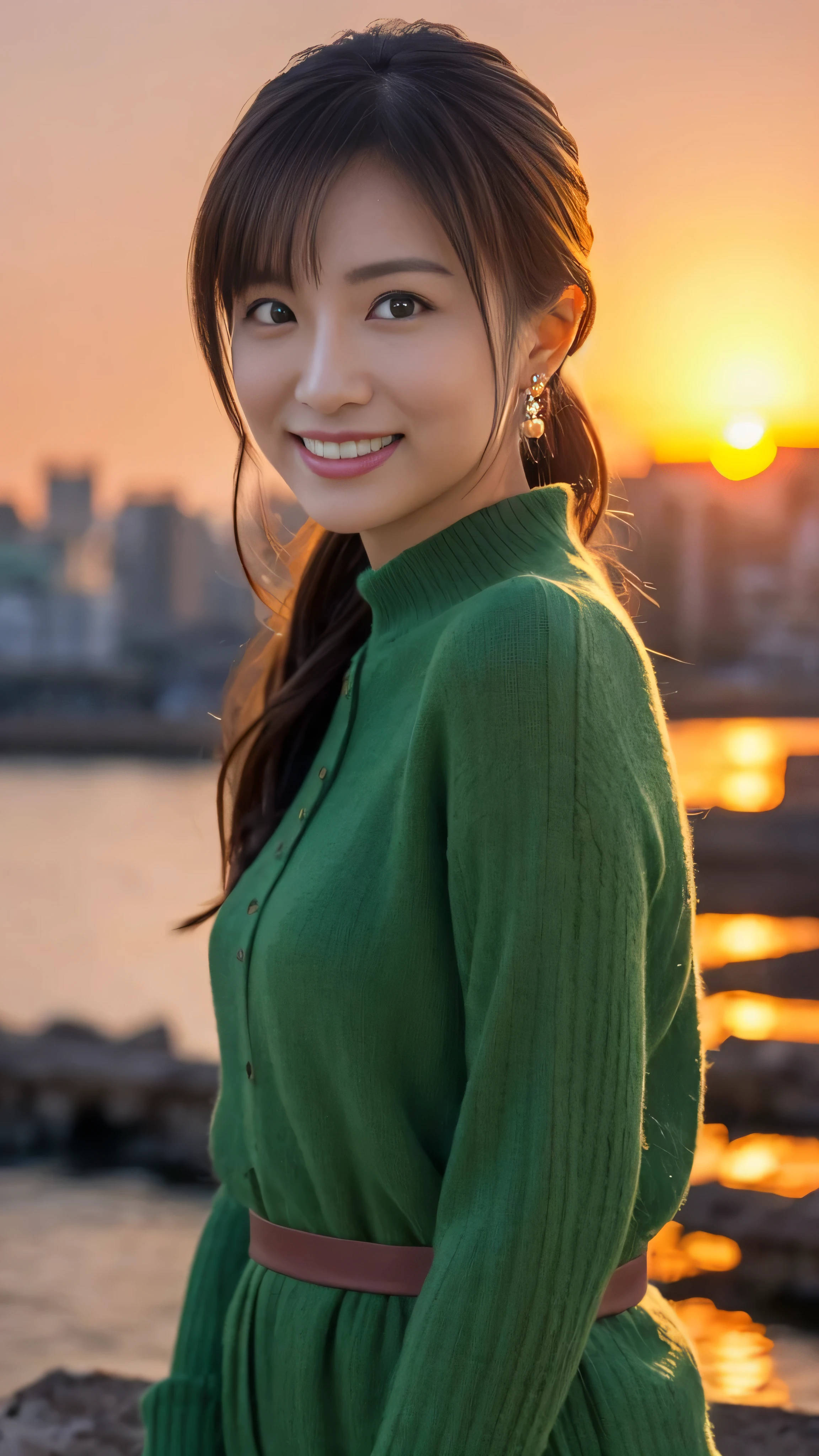 1 girl, (Green spring outfit:1.2), Very beautiful Japanese actress,
(RAW Photos, highest quality), (Realistic, Photorealistic:1.4), Tabletop, 
Very delicate and beautiful, Very detailed, 2k wallpaper, wonderful, 
finely, Very detailed CG Unity 8K wallpaper, Very detailed, High resolution, Soft Light, 
Beautiful detailed girl, Very detailed目と顔, Beautiful and detailed nose, Finely beautiful eyes, Cinema Lighting, 
Distant view of the buildings, (Sunset on the horizon:1.4), 
Bright Red Sunset, Sunset reflected on the surface of the water,
Complete Anatomy, Slender body, small, smile,
Pan Focus