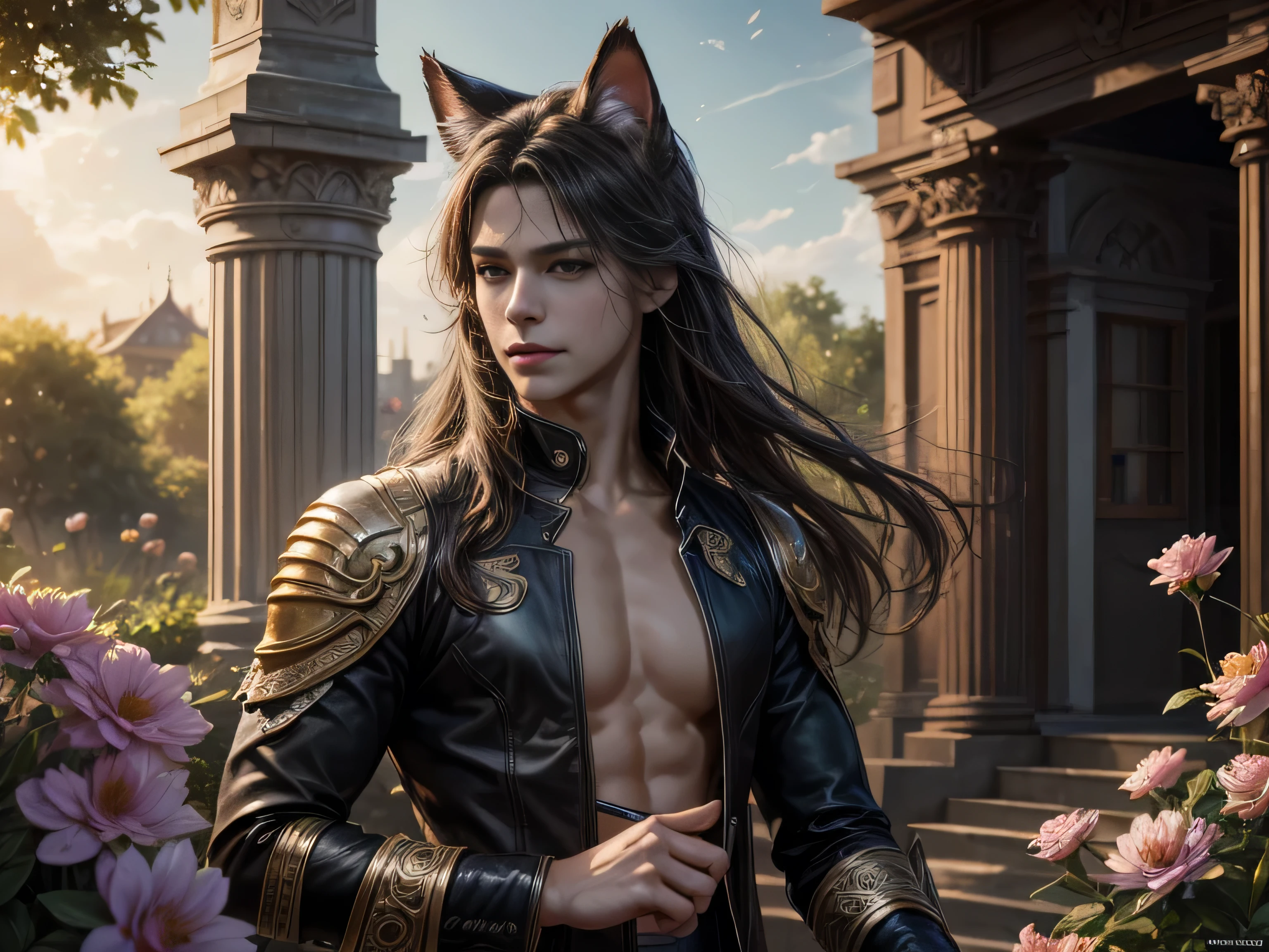 (Best Quality, 8K, Masterpiece, HDR, Soft Lighting, Picture Perfect, Realistic, Vivid), There is a garden with blue and pink flowers, there is a handsome man with cat ears lying on the grass, he has beautiful gray eyes and a kind smile, dark hair, he has a naked torso with a perfect body and black leather pants with military boots, he is stroking little cute foxes lying on the chest, (ultra high quality fantasy art, majestic fantasy style, masterpiece, ultra high quality male character design, 8k quality anime art, realistic anime art, highest quality wallpaper illustration, detailed ultra high quality accurate male face, high quality design and accurate physics , male character)(ultra high quality fantasy art, dark fantasy style, masterpiece, ultra high quality character design, 8k quality anime art , Realistic Anime Art, Highest Quality Wallpaper Illustration, Detailed Ultra High Quality Accurate Face, High Quality Design and Accurate Physics), Color Difference, Depth of Field, Dramatic Shadows, Ray Tracing, Best Quality, Highly Detailed CG, 8K Wallpapers, [Carefully Rendered hair [Read more about beautiful and shiny hair]] ,(Perfect hand detail [Beautiful fingers without breakage [Beautiful nails]],(Perfect anatomy (Perfect proportions)) [[Resembles the whole body]],[Perfect color combination (Accurate simulation of interaction light and material)], [Visual art that conveys the meaning of history]