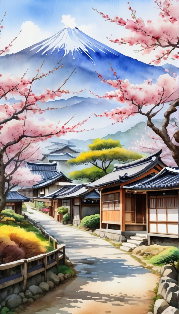 a beautiful watercolor landscape of an old Japanese village in an open-air museum, sakura trees in bloom, mountains in the background, soft brush strokes, watered colors, light and airy colors, (best quality,4k,8k,highres,masterpiece:1.2),ultra-detailed,(realistic,photorealistic,photo-realistic:1.37),landscape,painting