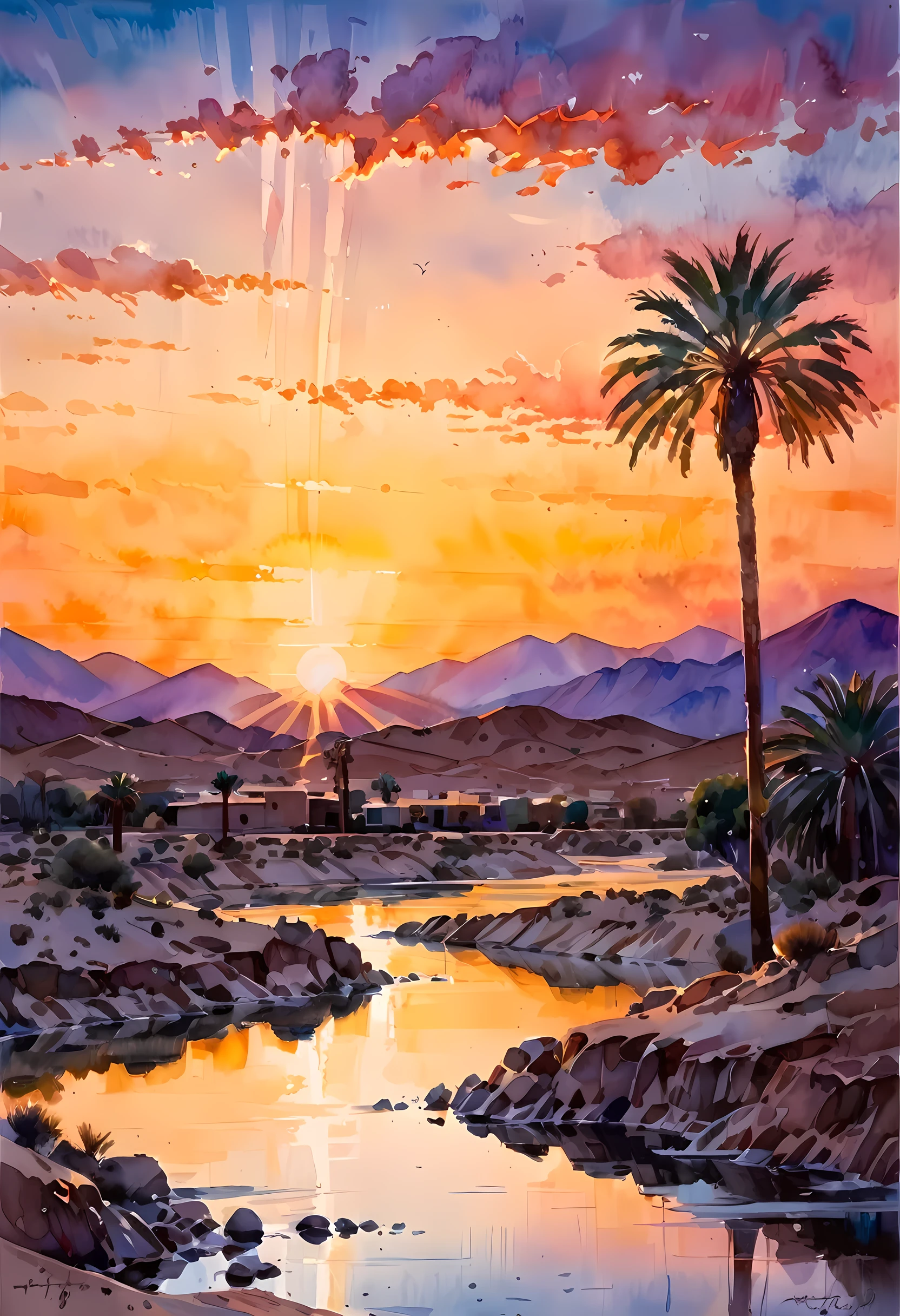 traditional watercolor painting (water color art: 1.5), an award wining, water color art, of an oasis (masterpiece, best detailed, best quality: 1.4) in the desert at sunset, there are some palm trees, and a small spring of water  (masterpiece, best detailed, best quality: 1.4), it is the time between night and day, there are some stars in the sky, and the sun is about to rise, the sky are in shades of, night, yellow and purple, first sun rays of dawn, rolling desert hills in the background, dynamic range, ultra wide shot, photorealism, depth of field, hyper realistic