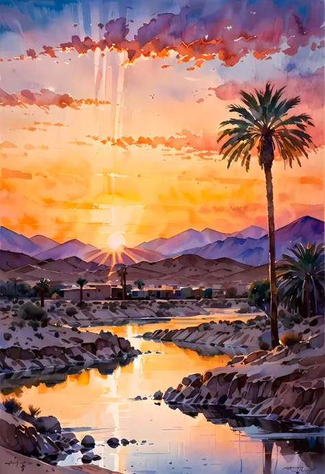 traditional watercolor painting (water color art: 1.5), an award wining, water color art, of an oasis (masterpiece, best detaile...