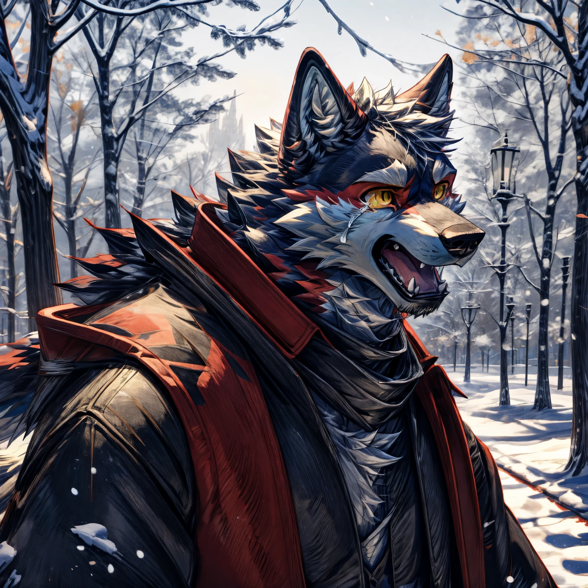 masterpiece,High quality,furry,one man,(wolf),(blue&red fur),(yellow eye),open your mouth,Crying face,park,perfect background,one person,snow