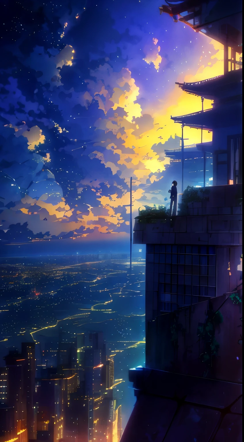 anime city with a man standing on a ledge above the city, beautiful anime scene, anime clouds, anime sky, anime beautiful peace scene, beautiful anime scenery, anime background, anime movie background, atmospheric anime, anime landscape wallpaper, makoto shinkai cyril rolando, beautifull puffy clouds. anime, anime atmospheric, ( ( makoto shinkai ) )(long shot view)