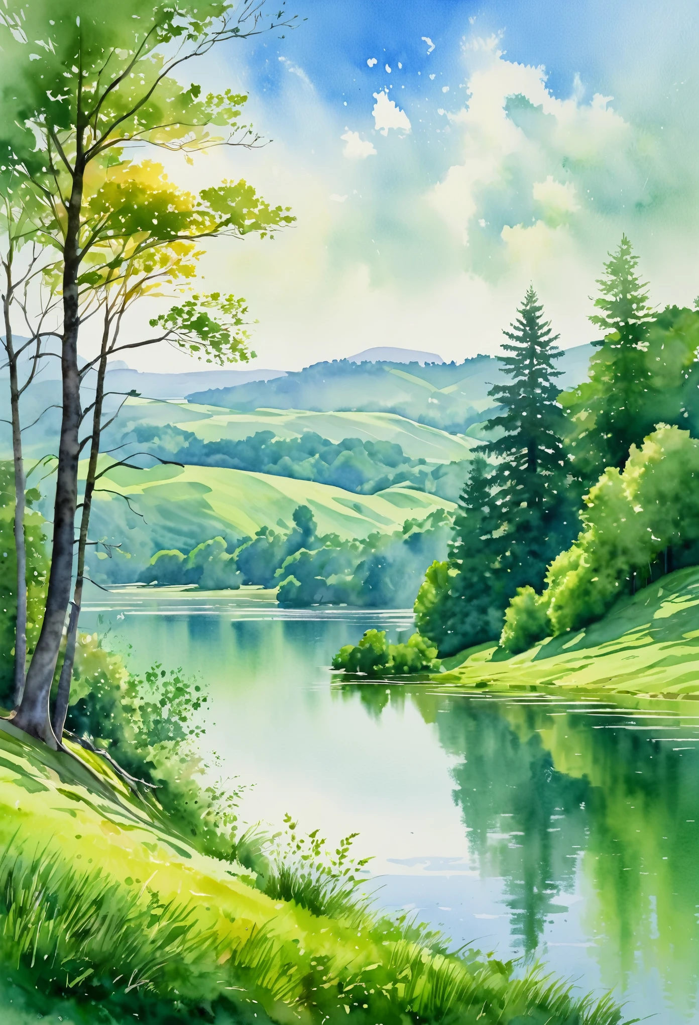 a serene watercolor landscape, rolling green hills, tranquil lake reflecting the sky, lush forest in the distance, sunlight filtering through the trees, soft brushstrokes, vibrant colors, atmospheric haze, detailed foliage, picturesque scenery, beautiful natural environment, (best quality,8k,highres,masterpiece:1.2),ultra-detailed,photorealistic,vivid colors,soft lighting