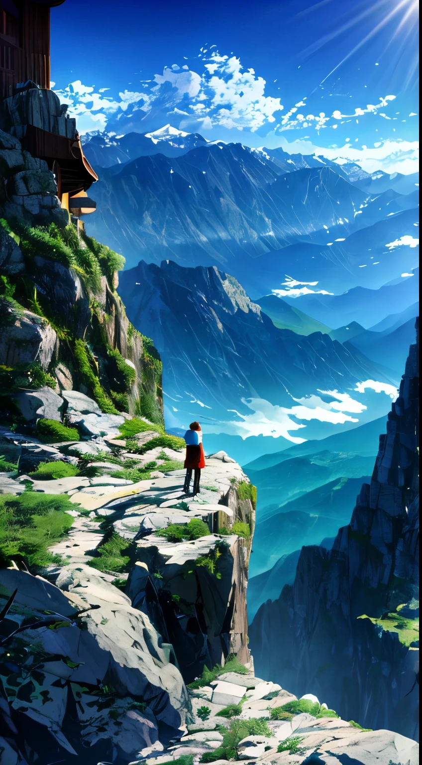 there is a guy standing on a rock looking out over the mountains, on the top of a mountain, on top of a mountain, looking at the mountains, at the top of a mountain, in mountains, standing atop a dusty mountaintop, man standing facing away, standing alone, standing on mountain, sitting on rocks, high in mountains(man seeing greenery view)(bright blue shinning sky)(borkeh effect)
