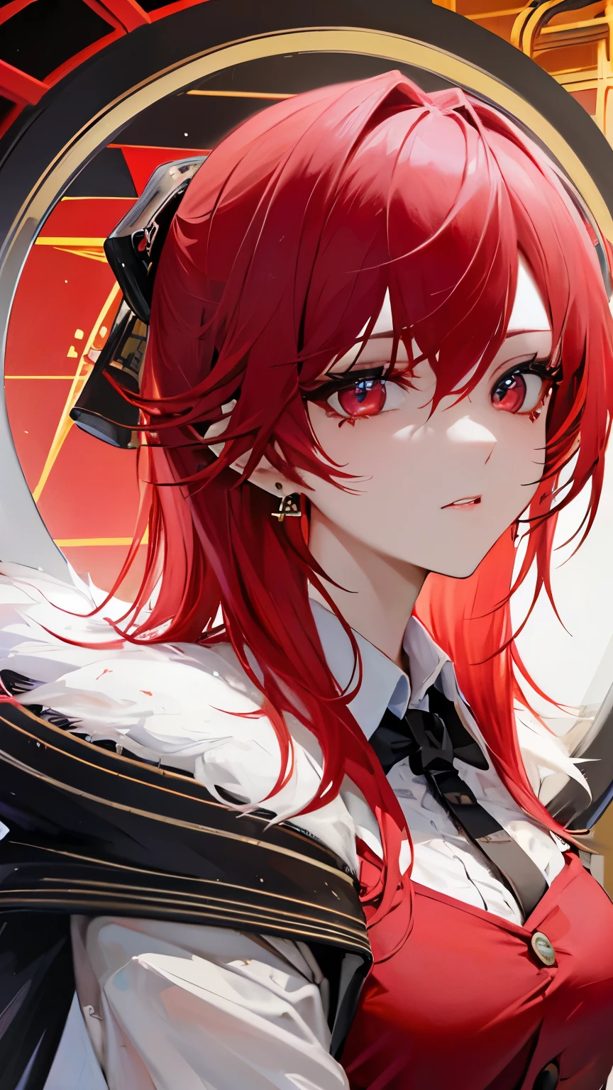 (female casino dealer), tuxedo, bowtie, roulette, ((at Las Vegas casino)), ((best quality)), ((masterpiece)), (detailed face and eyes:1.4), red hair ,medium hair