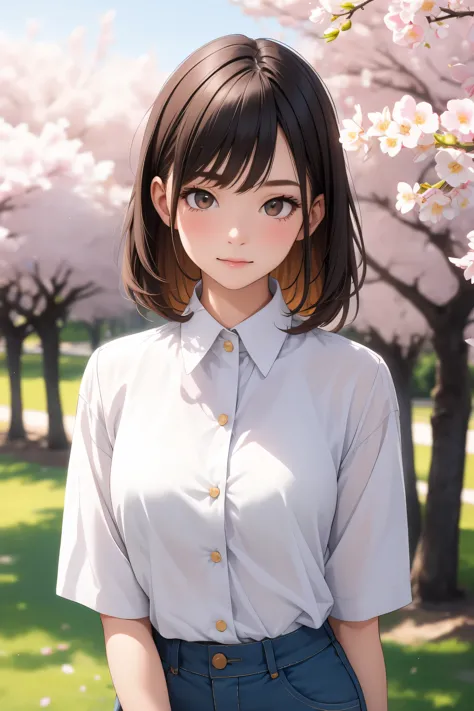 a girl in an open white shirt with a cherry pattern under a cherry tree