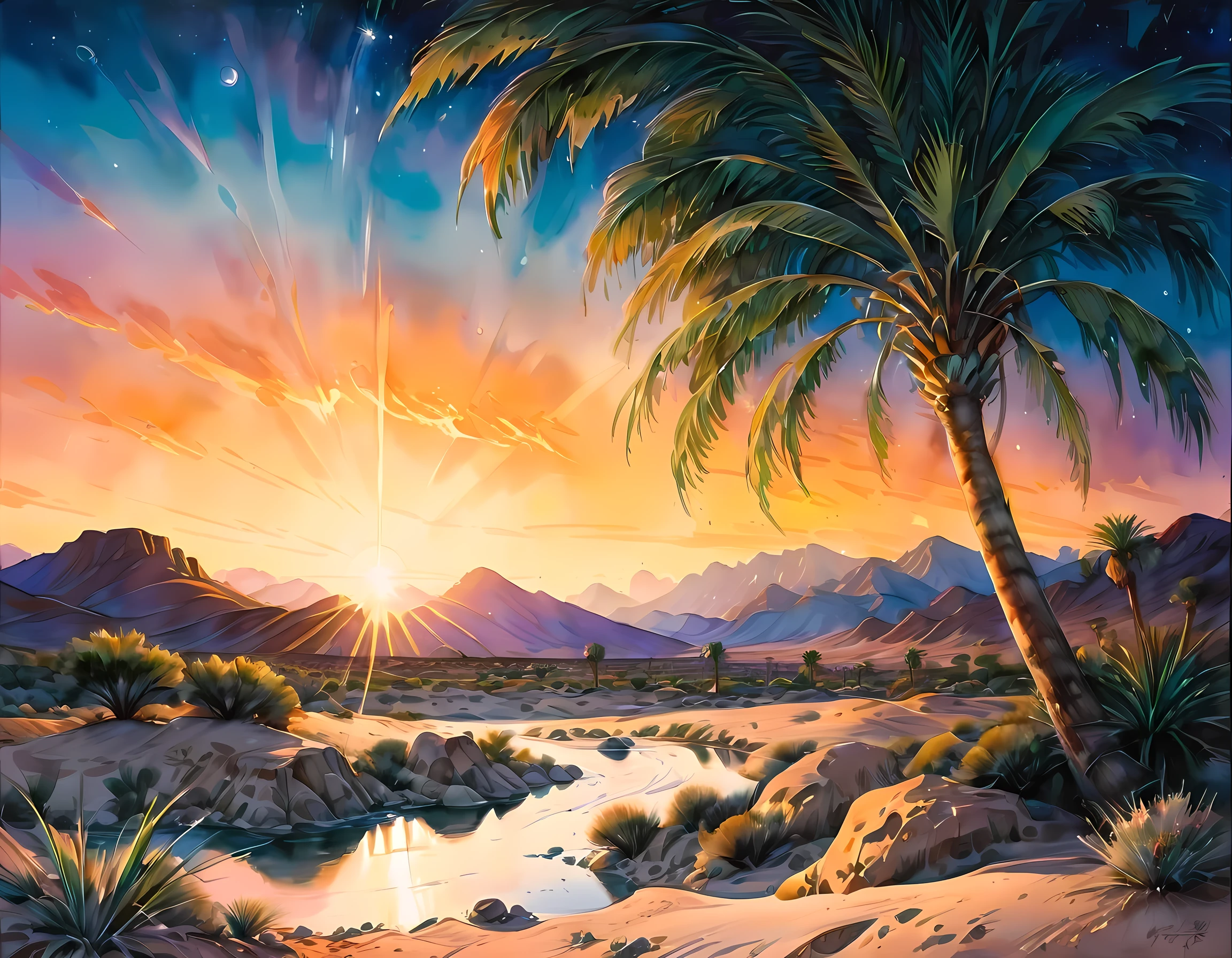 pintura de acuarela tradicional (arte del color del agua: 1.5), un premio ganador, arte del color del agua, de un oasis (obra maestra, mejor detallado, mejor calidad: 1.4) En el desierto al atardecer, hay algunas palmeras, y un pequeño manantial de agua  (obra maestra, mejor detallado, mejor calidad: 1.4), it is the time between Noche and day, hay algunas estrellas en el cielo, y el sol está a punto de salir, el cielo está en tonos de, Noche, amarillo y morado, primeros rayos de sol del amanecer, ondulantes colinas desérticas al fondo, Gama dinámica, tiro ultra ancho, photorealism, profundidad de campo, Híper realista