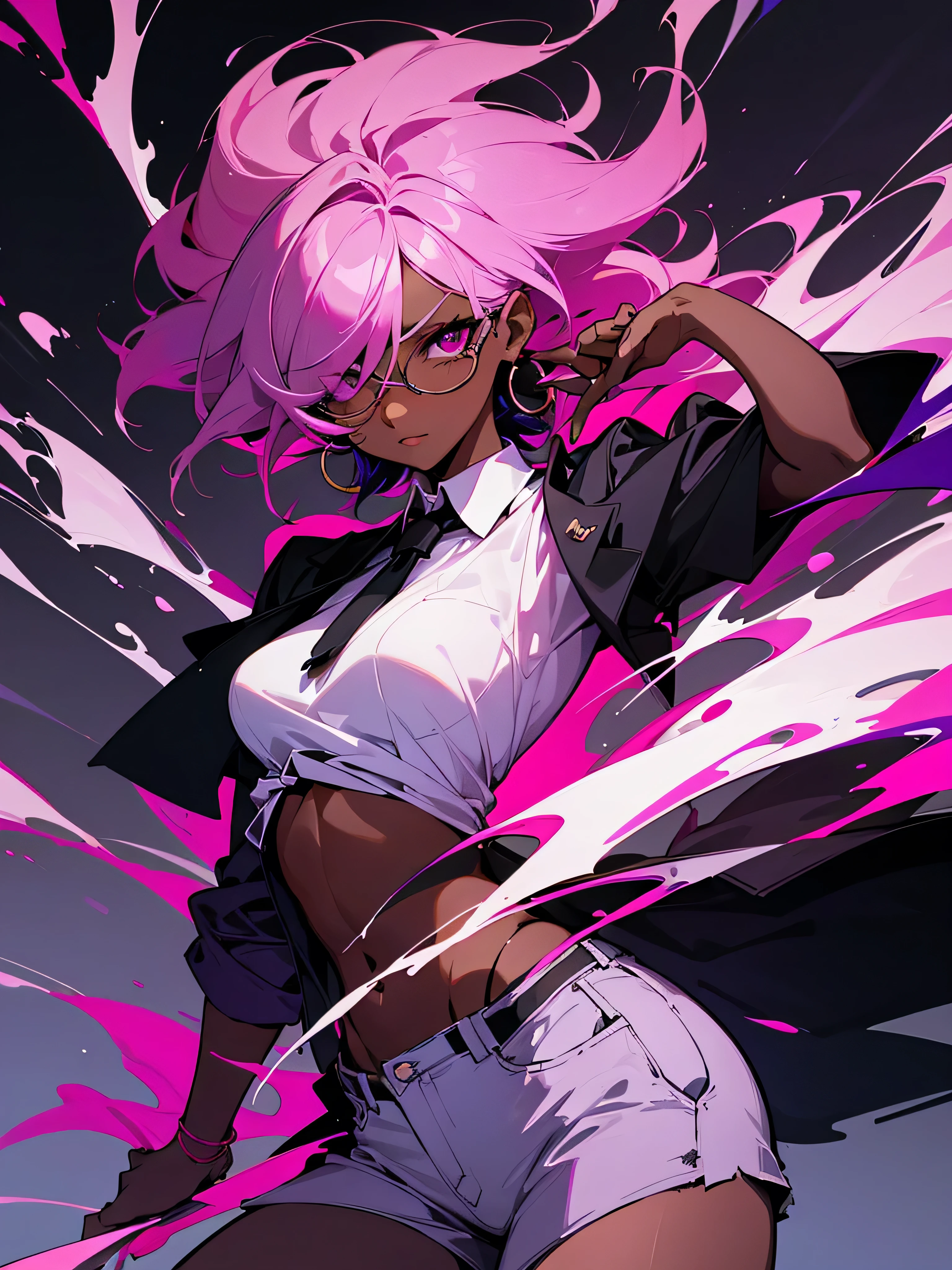 1 woman, adult, ((dark skinned woman, hair over the one eye)), pink hair, messy hair, purple eye, glasses, (white shirt, short pants), black tie, underboob, earrings, dynamic pose, masterpiece, dark and gritty background ,
color palette is mainly dark with splashes of vibrant colors, dynamic and visually striking appearance,  film poster featuring a young woman as the central character. She stands confiden