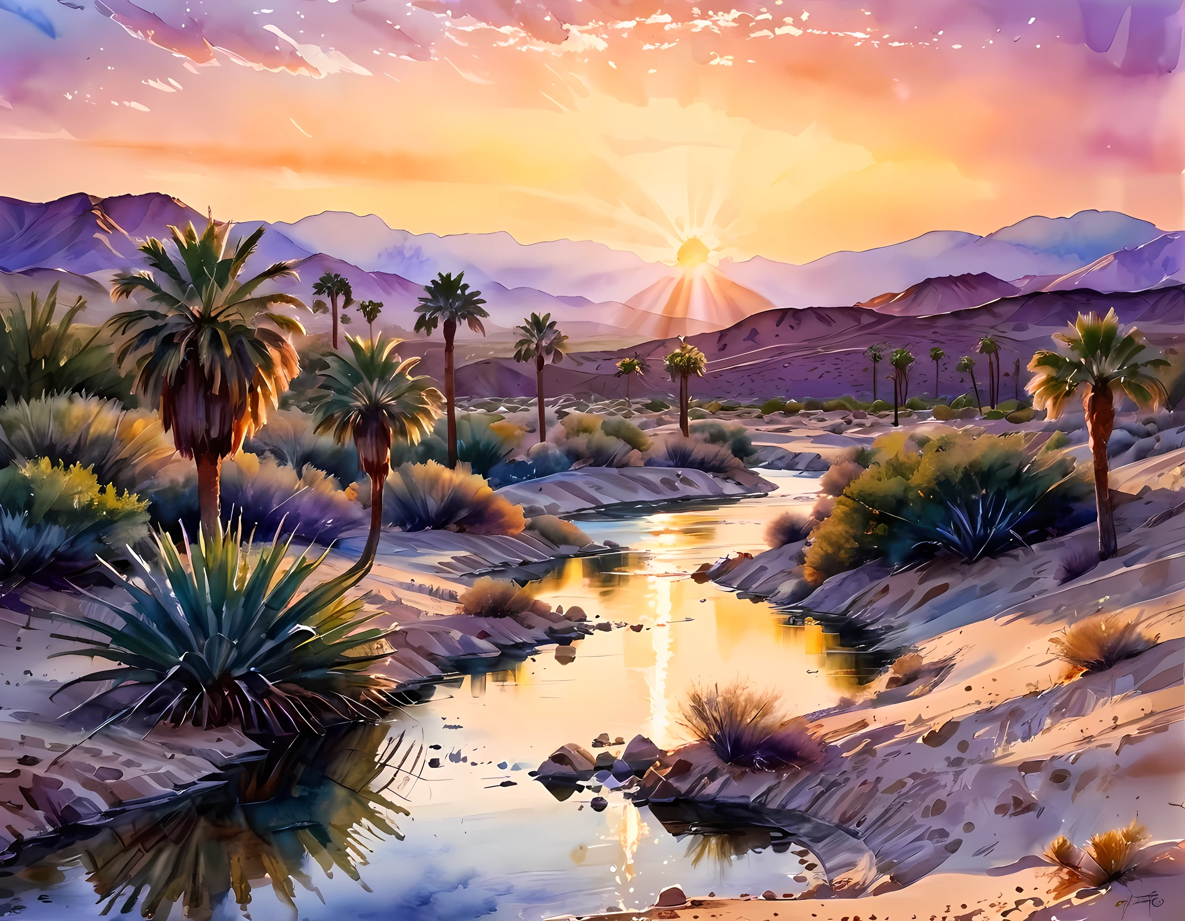 traditional watercolor painting (water color art: 1.5), an award wining, water color art, of an oasis (masterpiece, best detailed, best quality: 1.4) in the desert at sunset, there are some palm trees, and a small spring of water  (masterpiece, best detailed, best quality: 1.4), it is the time between night and day, there are some stars in the sky, and the sun is about to rise, the sky are in shades of, night, yellow and purple, first sun rays of dawn, rolling desert hills in the background, dynamic range, ultra wide shot, photorealism, depth of field, hyper realistic