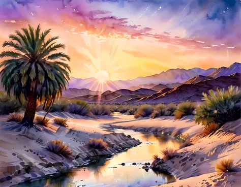 traditional watercolor painting (water color art: 1.5), an award wining, water color art, of an oasis (masterpiece, best detaile...