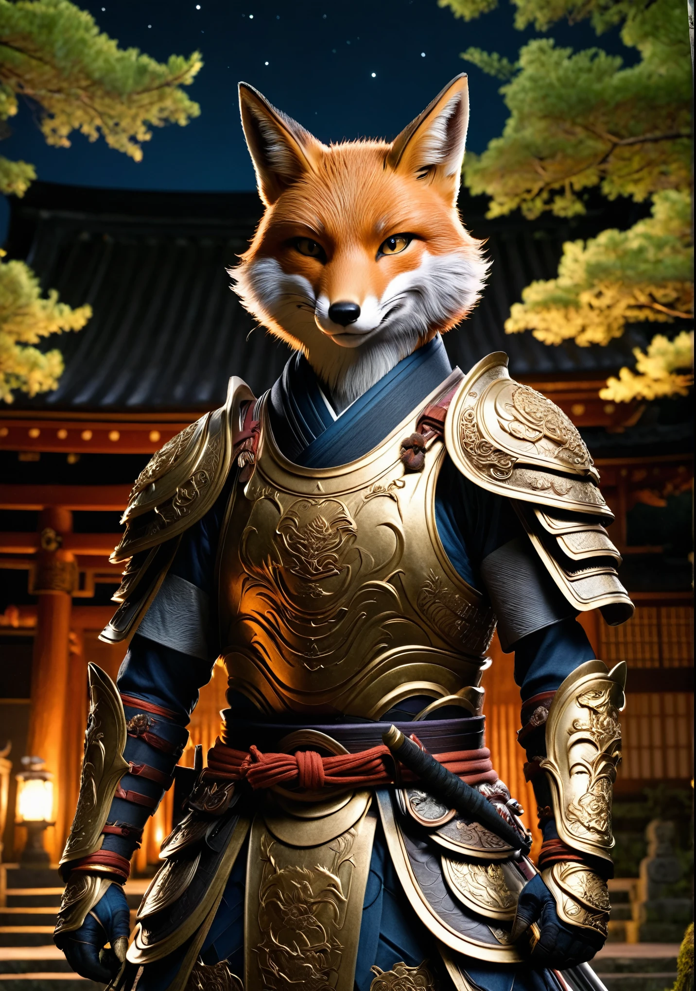 Un monstre renard anthropomorphe portant une vieille armure de samouraï japonaise、porter une armure de samouraï、Devant le sanctuaire en ruine、nuit au clair de lune、végétation luxuriante、Contes anciens、comme un film、8k、16k、détaillé
