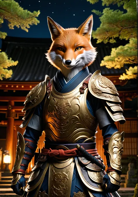 an anthropomorphic fox monster wearing old japanese samurai armor、wearing samurai armor、in front of the ruined shrine、moonlit ni...