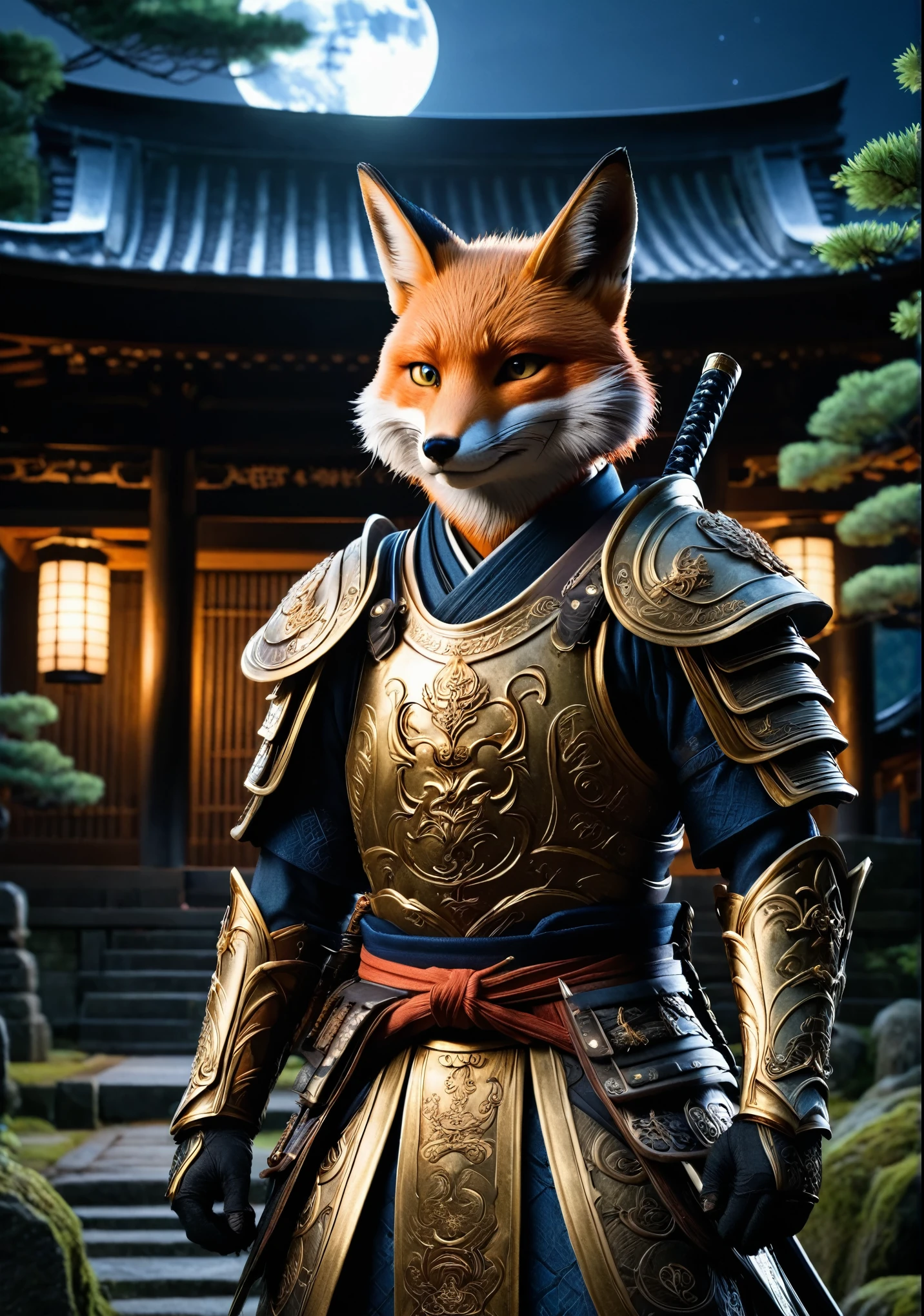 Un monstre renard anthropomorphe portant une vieille armure de samouraï japonaise、porter une armure de samouraï、Devant le sanctuaire en ruine、nuit au clair de lune、végétation luxuriante、Contes anciens、comme un film、8k、16k、détaillé
