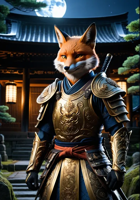 an anthropomorphic fox monster wearing old japanese samurai armor、wearing samurai armor、in front of the ruined shrine、moonlit ni...