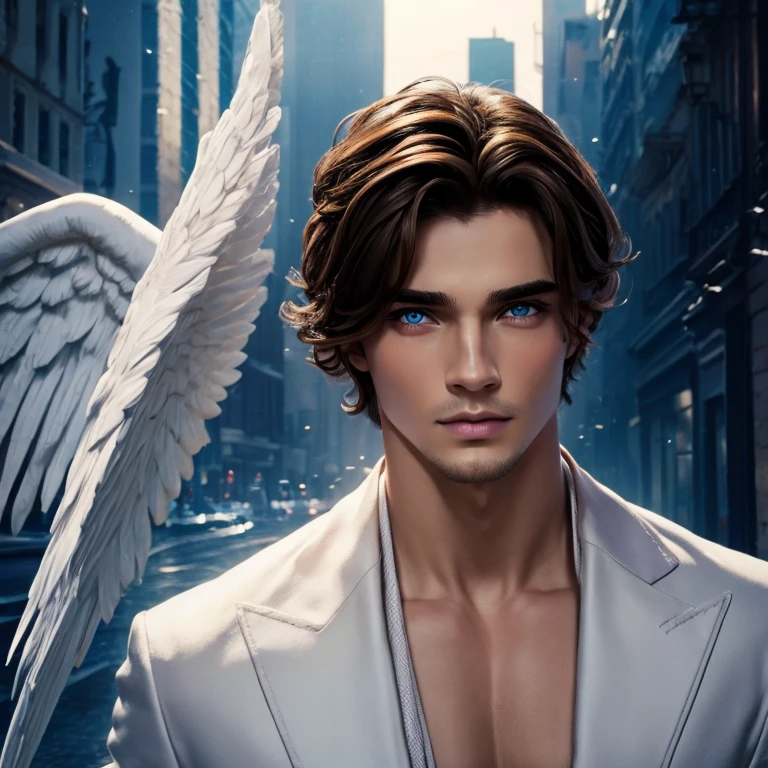 male angel, Brown hair, ojos azules, rostro delicado, labios finos, nariz perfilada, pale skin 