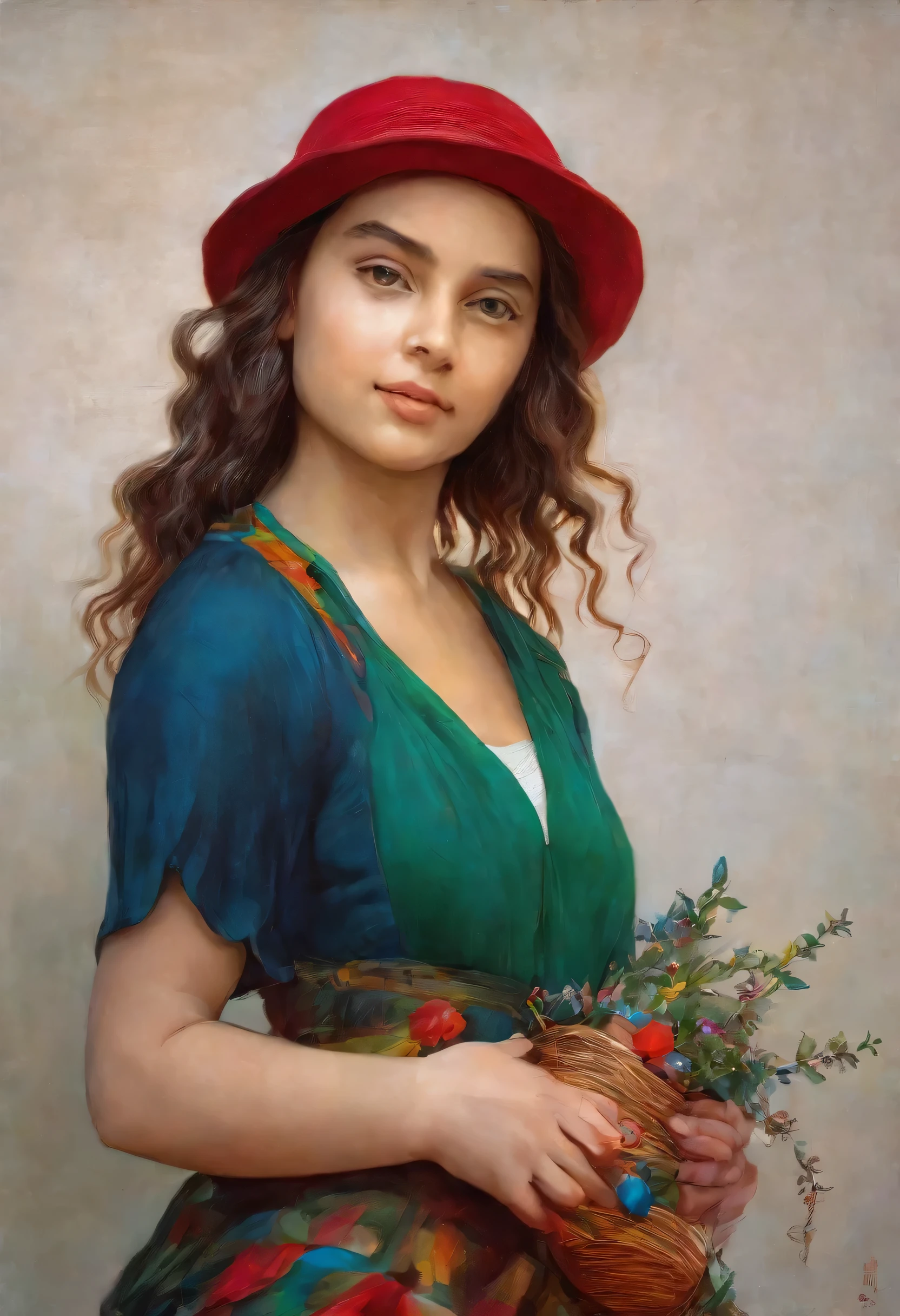 oil painting of beautiful girl magra, morena, em um jardim florido, dressed in hat and colorful clothes red-blue-green-yellowu, holding a doll, realistic, (best quality,4k,8k,highres,masterpiece:1.2),ultra-detailed,1.37),HDR,UHD,studio lighting,ultra-fine painting,sharp focus,physically-based rendering,extreme detail description,professional,vivid colors,bokeh,portraits, style leonardo da vinci