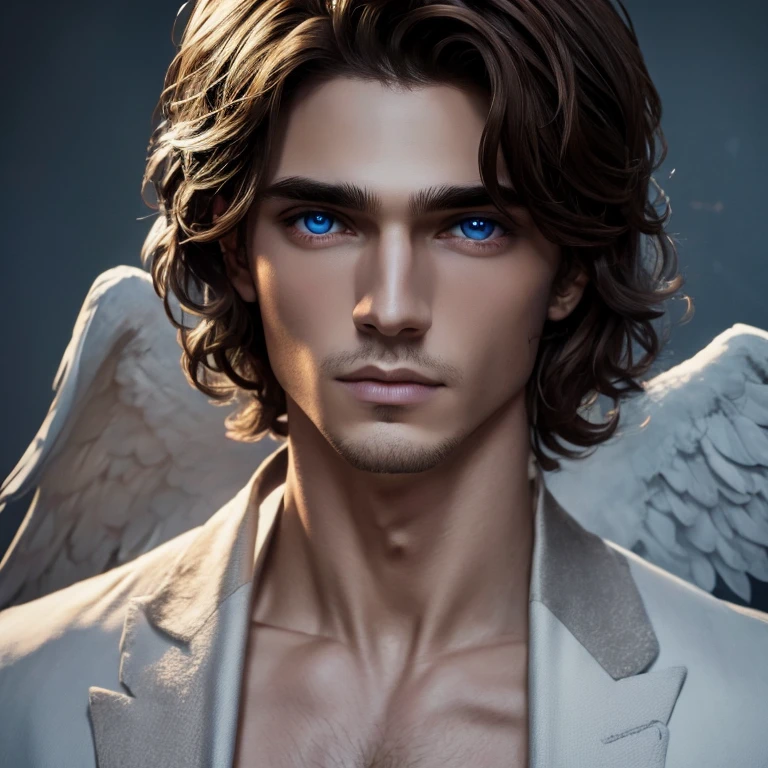 male angel, short brown hair, ojos azules, rostro delicado, labios finos, nariz perfilada, pale skin 