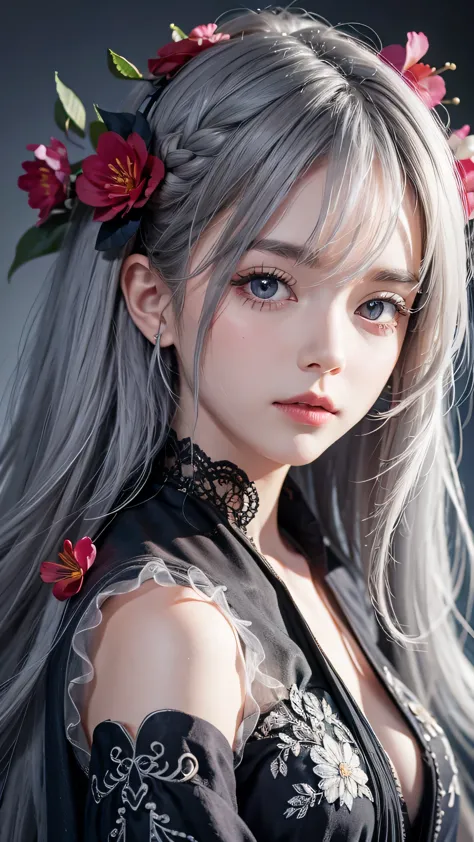 one girl,alone,one girl,alone,((beautiful fine details)), (detailed light),depth of written boundary,(gray hair),silver eyes,hai...