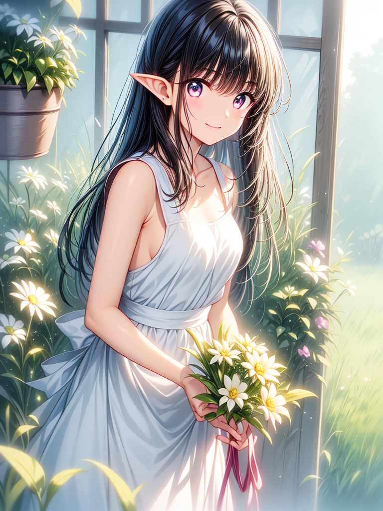 Elf Woman, Tanned brown skin, ((Beautiful silver hair)), Tie your hair back, Pointy Ears, ((Golden Eyes)), Pink lip gloss、kitchen、 Wearing a frilly apron, Long skirt, blush、smile,Open your mouth a little、 ((Depiction of only the upper body))、close