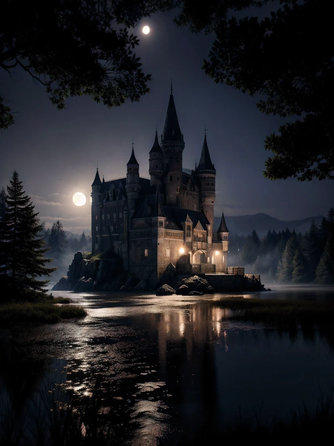 Castle, located on the mountain, surrounded by trees, Foggy, dark night, moon and clear sky, (masterpiece),((ultra detailed)), (highly detailed computer illustration),(inexpressive), (Best quality:1.2), High quality texture, complex parts, Detailed texture, High quality shadows, 