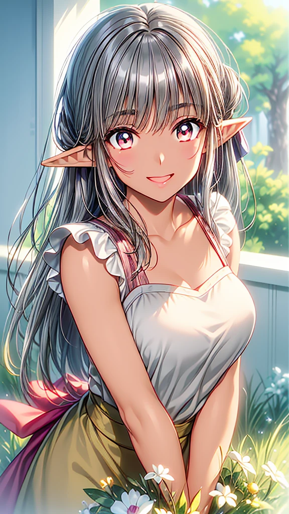 Elf Woman, Tanned brown skin, ((Beautiful silver hair)), Tie your hair back, Pointy Ears, ((Golden Eyes)), Pink lip gloss、kitchen、 Frilled Apron、blush、smile,Open your mouth a little、 ((Depiction of only the upper body))、((Close-up of a woman))
