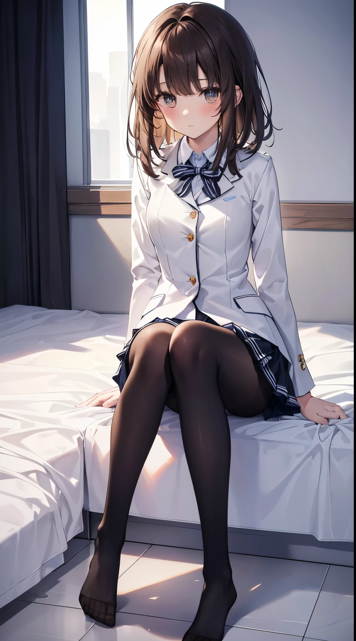 Top quality, masterpiece, High resolution, (Head to toe full body), front, frontやや下からの構図, Symmetric, Tall 18 year old girl, alone, (Head to toe), (Small breasts), Unkempt brown hair, bangs, (black tights), (Black Pantyhose), (Sit with your legs apart), (Crouching pose), (Composition showing white panties), (Her legs were spread、I see your white pants.), (I was made to sit on the floor with my legs spread..), (M-shaped legs), Thin legs, A very beautiful and tall 18 year old girl, (No shoes), blush, Shy big eyes, looking at the camera, Blazer uniform, Checkered pleated skirt