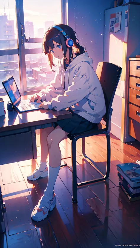 Anime girl sitting at a desk with headphones on and writing, Anime Style 4 k, Digital anime illustration, Digital anime art, Ani...