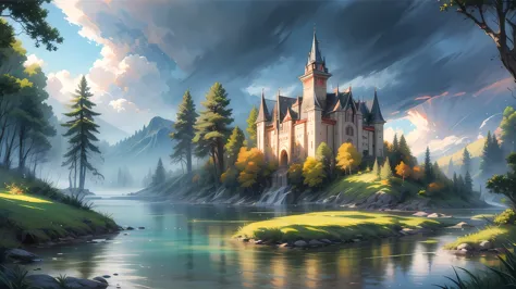 traditional watercolor painting (water color art: 1.5), an award wining, water color art, of a fantasy castle (masterpiece, best...