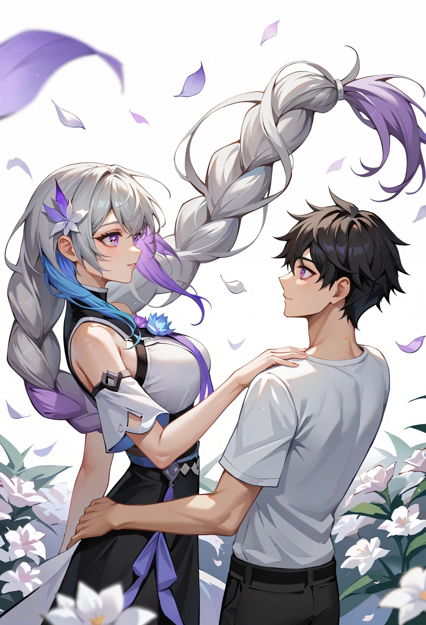 score_9,score_8_up,score_7_up,a picture of a couple,1girl and 1male,back to back, surrounding by Lycoris flowers,many petals flying,
yinji,1girl,purple_hair,purple_eyes,very_long_hair,grey_hair,braided_ponytail,gradient_hair, girl's hair is flowing,
1boy, short black hair, shirt,(Red pupils),cool