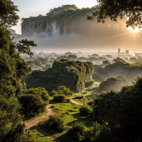 we look down from the mountain into a ravine covered with the mesopotamian jungle,where the ruins of a modern city stand between...